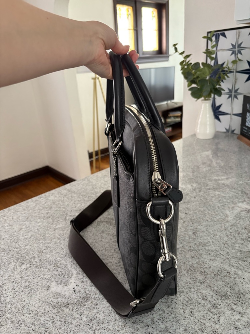 COACH Perry Slim briefcase in SIGNATURE charcoal black career messenger bag - Picture 6 of 16